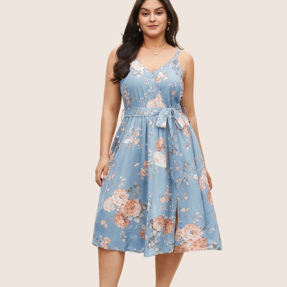 BloomChic Plus Size Floral Wrap Elastic Waist Belted Sleeveless Dress - Picture 1 of 4
